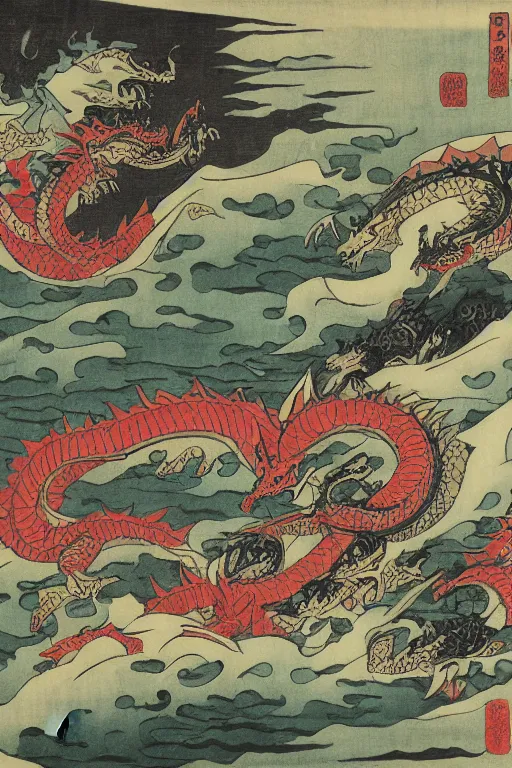 Image similar to A sea of dragons by Utagawa Kuniyoshi, ukiyo-e, nightmare ocean storm