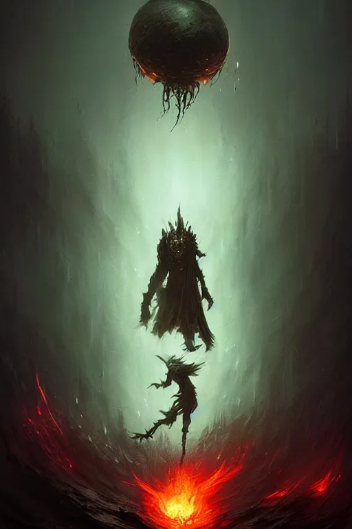 Prompt: Black Orb of Fire, digital art, fantasy, magic, trending on artstation, illustration by Seb McKinnon and Peter Mohrbacher, ultra detailed, atmospheric, powerful presence, bossfight, darksouls, grand finale, explosive entrance, final battle, cutscene