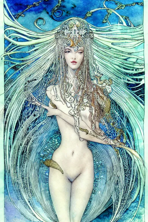 Image similar to mermaid queen closeup face surrounded by swirling water, art by luis royo and walter crane and kay nielsen, watercolor illustration, sharp focus