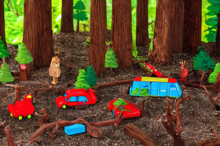 Image similar to fisher price redwood forest, california scene from tv show 5 5 mm 8 5 mm, toy photography, made out of plastic