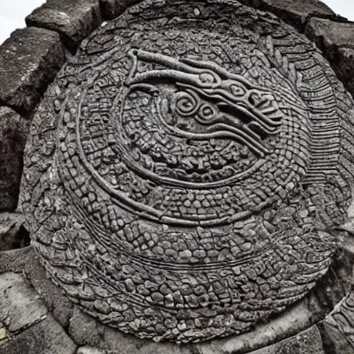 Prompt: a giant quetzalcoatl snake god that inhabits the ancient aztec ruins