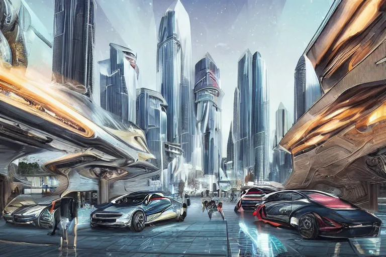 Prompt: luxurious futuristic Singaporean street with advanced civilization, sportscars with expensive streets, with gold intricate details, advanced civilization, at Salar De Uyuni, unique formations on the surface of salt crystallization, sandwiched between sedimentary deposits, bubbling geysers, luxurious, digital painting, concept art, sharp focus, from Star Trek 2021, illustration, by WLOP and Ruan Jia and Mandy Jurgens and William-Adolphe Bouguereau, Artgerm