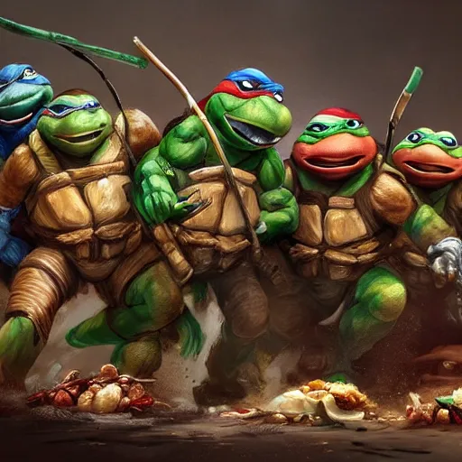 Image similar to four teenage mutant ninja turtles eating giant pile heap of dumplings, handsome, intricate, detailed, volumetric lighting, scenery, digital painting, highly detailed, artstation, sharp focus, illustration, concept art, ruan jia, steve mccurry