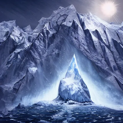 Image similar to epic masterpiece of confrontation between man and diamond mountain spirit Antarctica, gift of birth, origin mythos, astounding beauty, cinematic, establishing shot, extremely high detail, photorealistic, cinematic lighting, intricate line drawings, 8k resolution