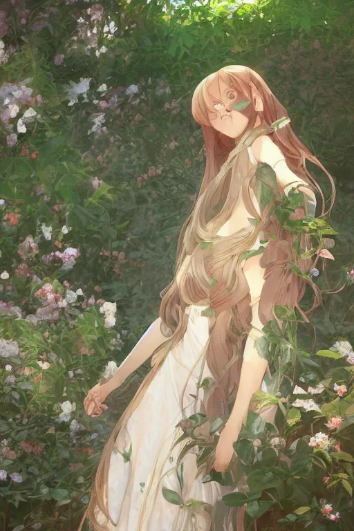 Image similar to a digital art of a loli with long hair in a dress in the privet garden at after noon, by krenz cushart and mucha and akihito yoshida and greg rutkowski and makoto shinkai, detailed eyes, 4 k resolution 、 trending on art station