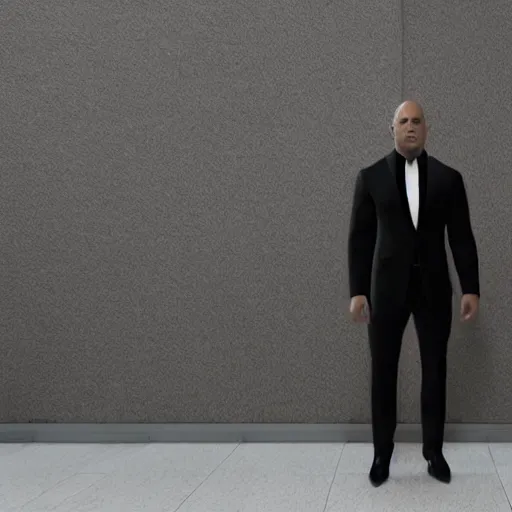 Prompt: vin diesel in dark suit holding AK-47, standing in lobby of office building, style of GTA V, octane render