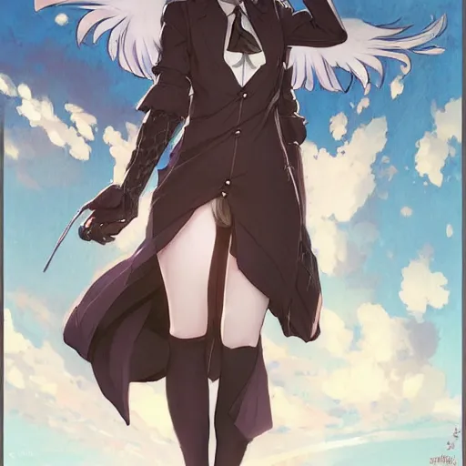 Image similar to cute anime girl bribing the district attorney. angel by krenz cushart and mucha and akihito yoshida and greg rutkowski, nier : automata inspired,
