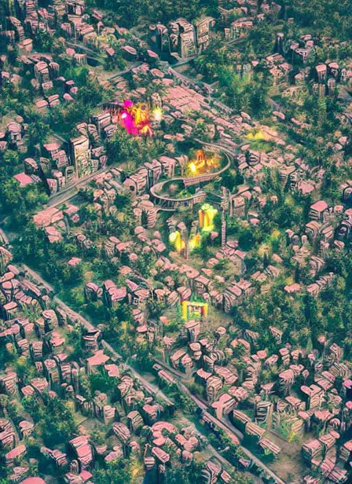 Image similar to abandoned cyberpunk village on a mountain, bird eye view, neon colors artwork by beeple