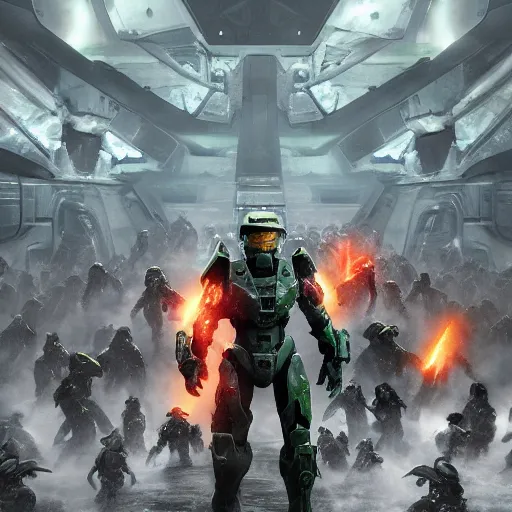 Image similar to digital art, trending on artstation, the master chief of halo fighting an army of aliens in hell.