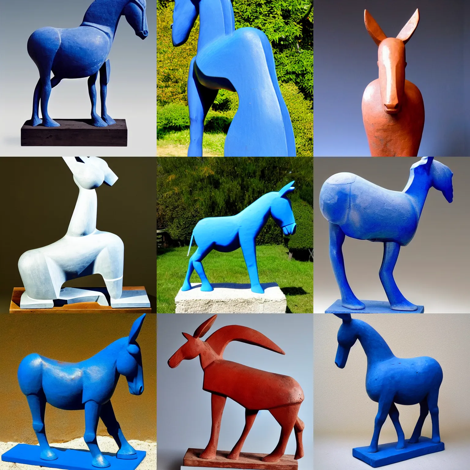 Prompt: standing donkey!!! cycladic sculpture, ultramarine blue and red iron oxide