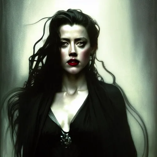 Image similar to hyperrealistic portrait of amber heard as a vampire witch in a black coat as a reflection in water in stone. by jeremy mann and alphonse mucha, fantasy art, photo realistic, dynamic lighting, artstation, poster, volumetric lighting, very detailed faces, 4 k, award winning