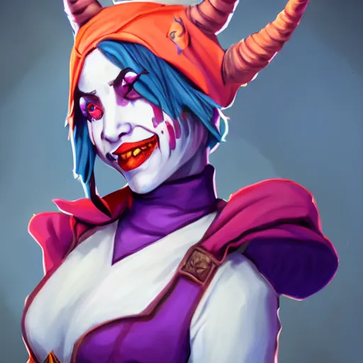 Image similar to Critical Role's Jester, tiefling, 4k, digital art, trending on artstation, trending on cgsociety