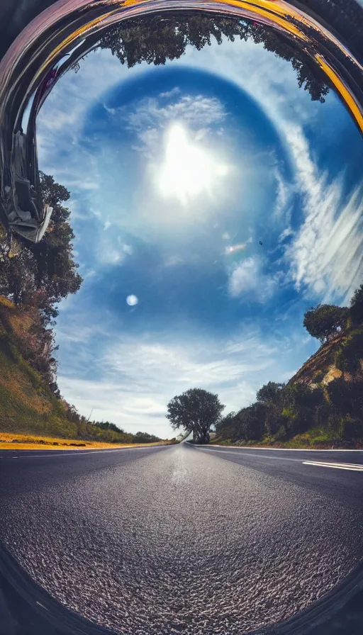 Prompt: photo of a giant mouth open on an asphalt road, realistic photo, gopro, looming, colorful, eerie