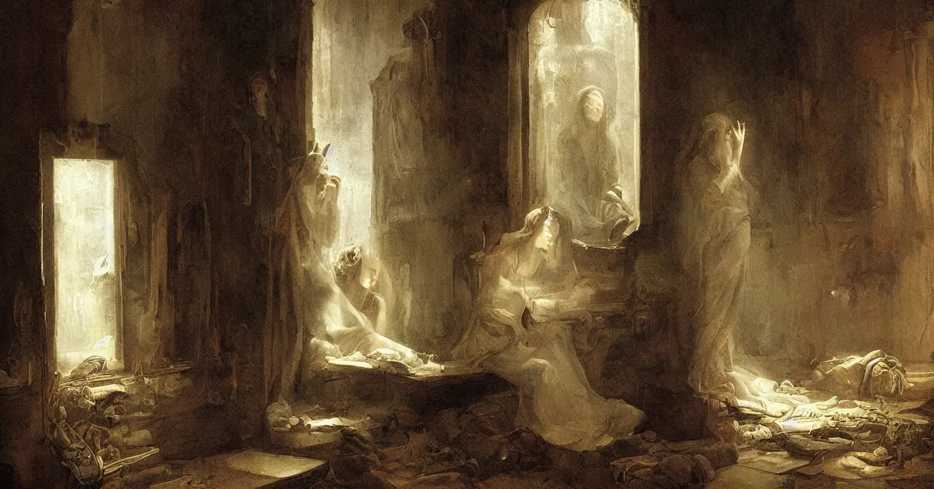 Image similar to secret world behind mirror with very deep stillness atmosphere, dimension of still moment, spiritual style, digital art, by augustus edwin mulready