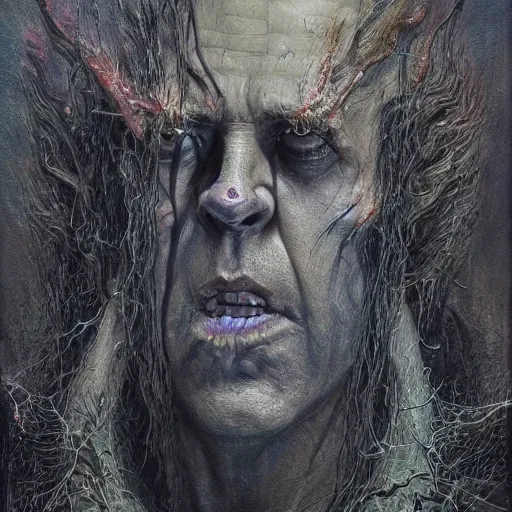 Image similar to Nicolas Cage as god of chaos in a hood dark fantasy, intricate, smooth, artstation, painted by Wayne Barlowe, zdislav beksinski