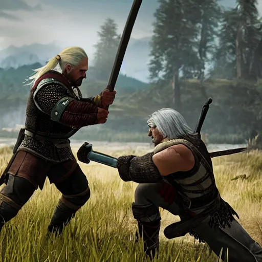 Prompt: a catachan warrior fighting geralt of rivia,