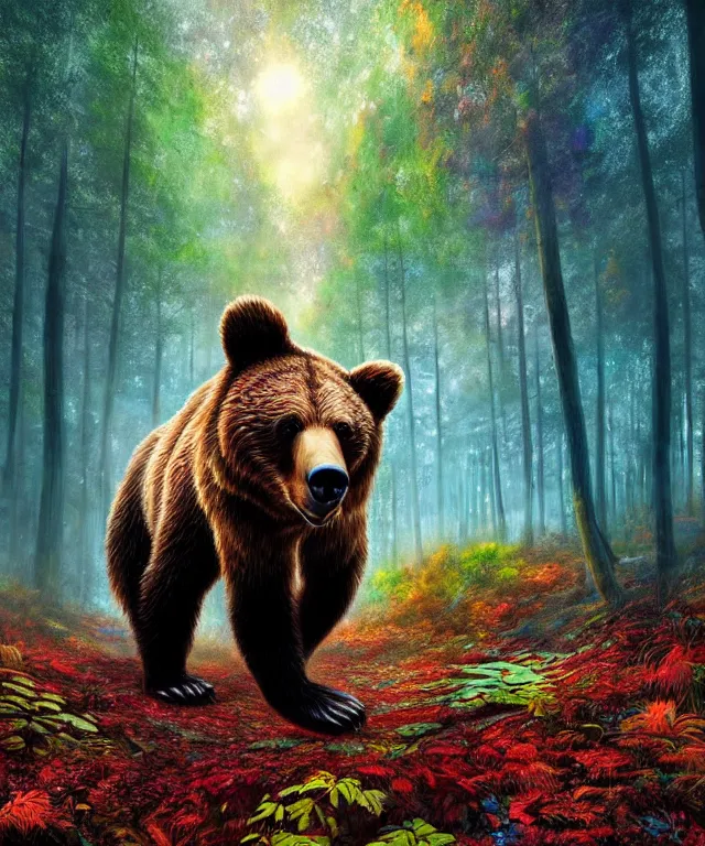 Image similar to a realistic brown bear, walking through a psychedelic forest, wide angle landscape shot, pixar style by tristan eaton, artgerm and tom bagshaw