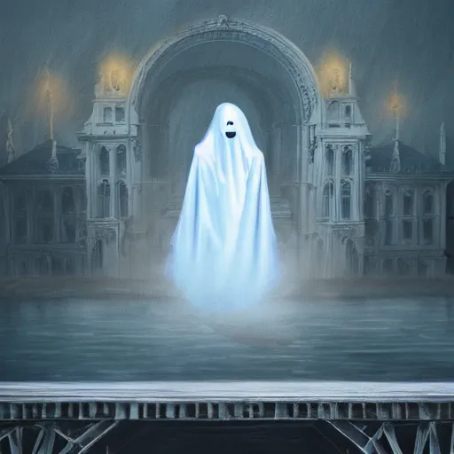 Prompt: surreal ominous bedsheet ghost floating above a bridge, oil painting, gloomy misty atmosphere, symmetrical, full body image, highly ornate intricate details,