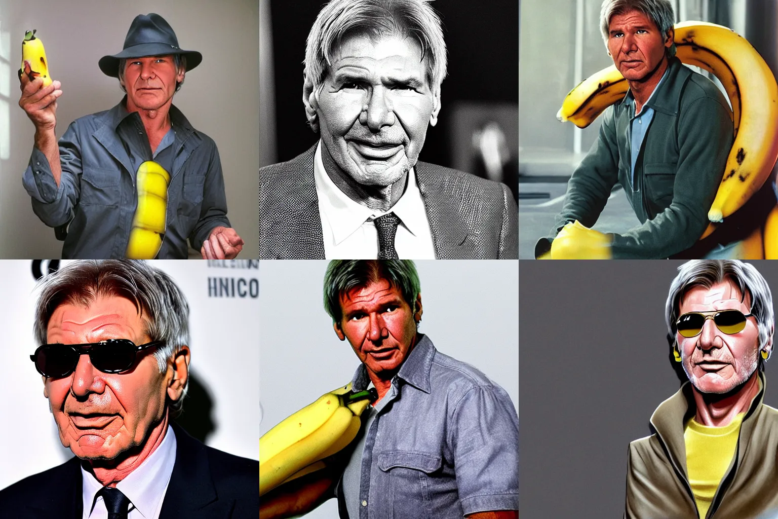 Prompt: harrison ford wearing a banana suit, photorealistic, high contrast