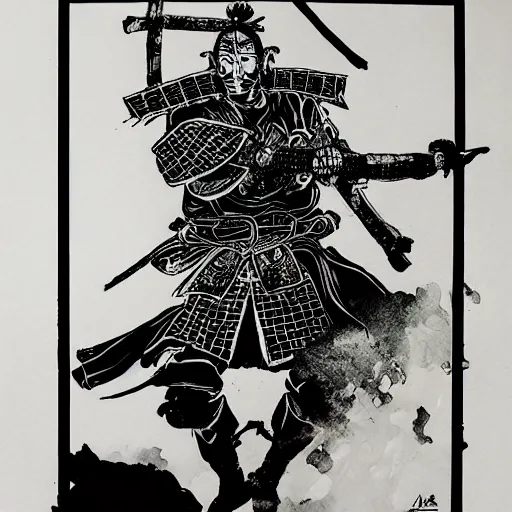 Image similar to intricate, realistic ink drawing of a samurai in a splash of ink, 8 k