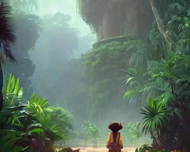 Prompt: wookie scientist explorer in the jungle, discovering a jungle temple, volumetric lighting, sylvain sarrailh, artstation