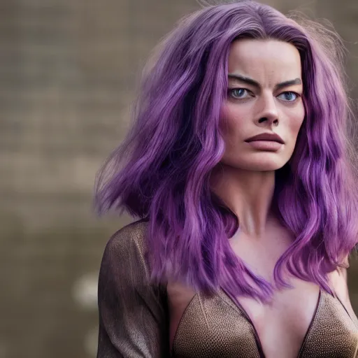 Image similar to an award winning cinematic still of beautiful Margot Robbie Wolverine with long purple hair in , 16k hyper realistic photograph, centered, dramatic lighting