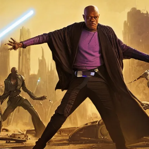 Prompt: mace windu holding a lightsaber fighting a group of dinosaurs in a destroyed cyberpunk city with lasers flying through the air by greg rutkowski