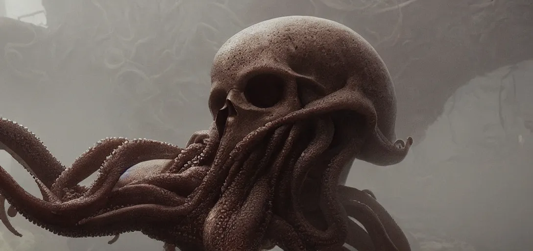 Prompt: an octopus in the [ shape ] of a skull, foggy, cinematic shot, photo still from movie by denis villeneuve, wayne barlowe