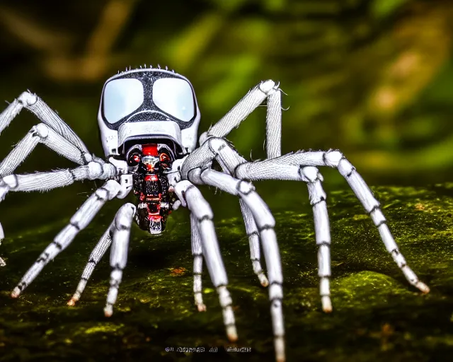 Image similar to photo of a white terminator spider with biomechanical cybernetic body in the forest. cyberpunk horror style. highly detailed 8 k. intricate. nikon d 8 5 0 5 5 mm. award winning photography.