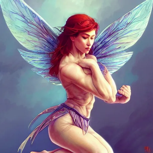 Prompt: beautiful natural fairy winged redhead martial artist karate fey fae muscular body shortsword summer smirk, kung fu, vivid colors, intricate, elegant, highly detailed, digital painting, artstation, concept art, smooth, sharp focus, illustration, art by artgerm and greg rutkowski and alphonse mucha and loish and wlop