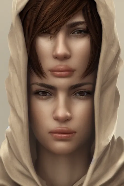 Image similar to shy, short brown hair arab spanish young woman, beige hoodie, cinematic lighting, hyper-detailed, cgsociety, trending on artstation, high resolution, 8k, high resolution in the style of Elena Masci, by John Samuel Agar