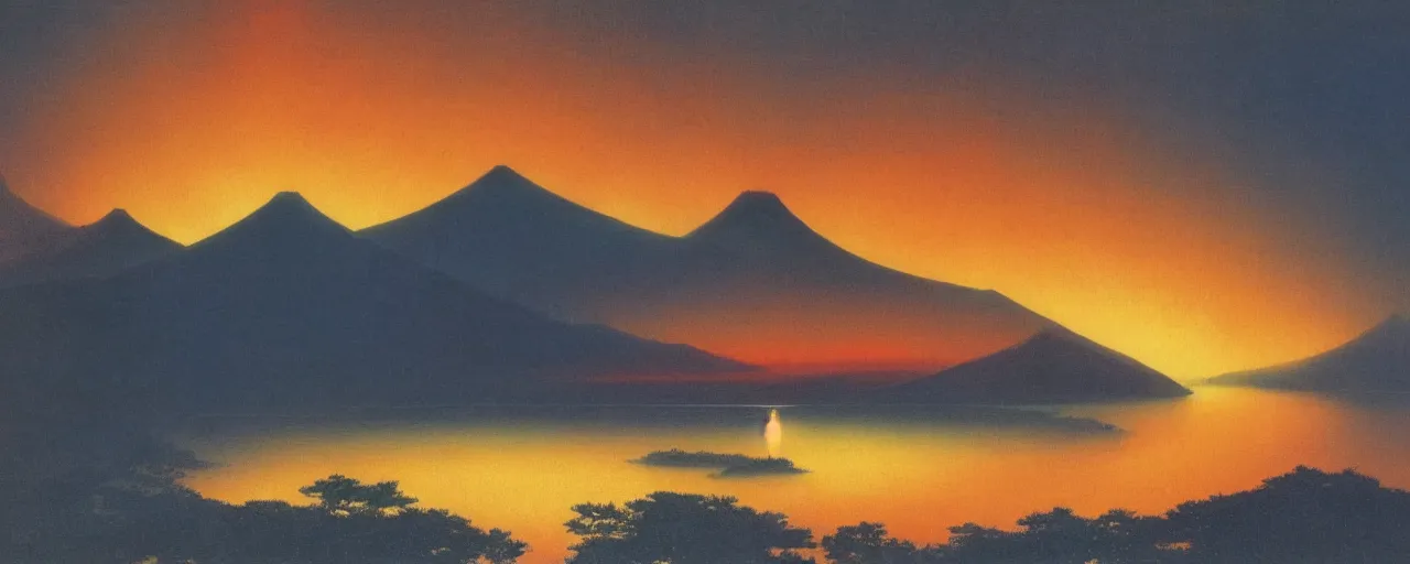 Image similar to awe inspiring bruce pennington landscape, orange sky, red cyan forest digital art painting of 1 9 6 0 s, japan at night, 4 k, 8 k, hyperdetailed, minimalist