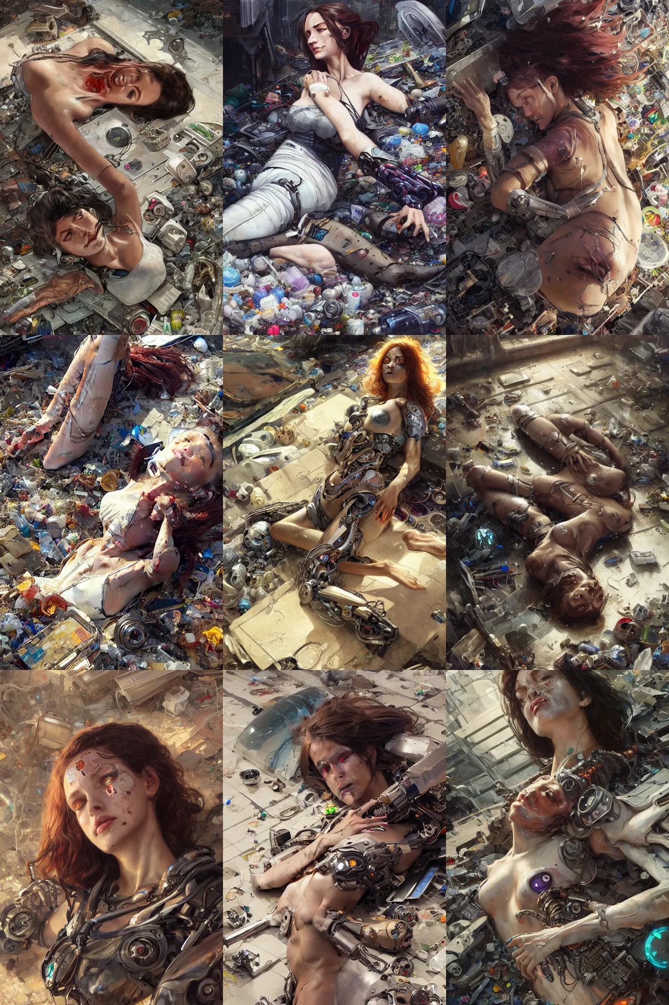 Prompt: Ultra realistic, dead cyborg woman lying among the garbage + face with scuffs, cyberpunk, sci-fi, fantasy, intricate, elegant, highly detailed, digital painting, artstation, concept art, smooth, sharp focus, illustration, art by artgerm and greg rutkowski and alphonse mucha