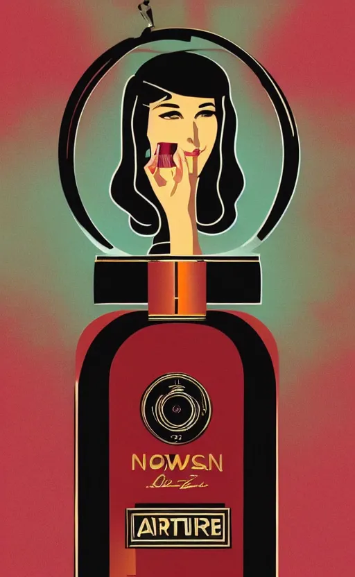 Image similar to illustration, close - up photo with beautiful bottle of perfume near nose, sniffing the aroma, an art deco painting by tom whalen, trending on behance, art deco, digital illustration, storybook illustration, grainy texture, flat shading, vector art, airbrush, pastel, watercolor, poster