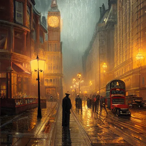 Prompt: a painting of london in 1 9 2 0's, ultra realistic, colour, concept art, intricate details, night, thunder, raining, eerie, highly detailed,, dark fantasy, photorealistic, octane render, 8 k, unreal engine 5. art by artgerm and greg rutkowski and alphonse mucha