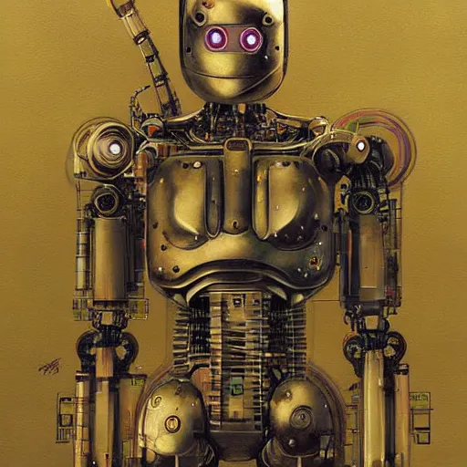 Image similar to a simple concept art portrait of a robot. an award winning yoshitaka amano digital art poster color painting. a masterpiece by james gurney. poster colour on canvas.