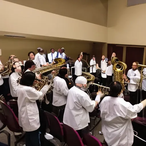 Prompt: doctors playing saxophone made out of clear tubing, syringes, urine collection bag, iv pole, fluid bag, nebulizer equipment, bag - valve mask, intubation equipment, speculum, defibrillator, coban, flexiseal, picc dressing. capacity crowd at concert in surgical theater.