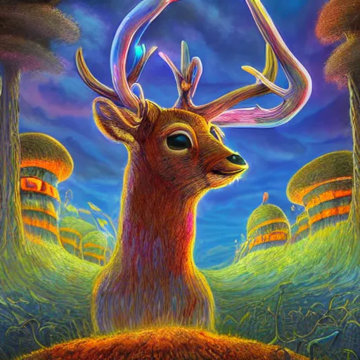 Image similar to 4 k headshot portrait of a psychedelic demonic anthropomorphic deer with mushroom themed clothes, magic mushroom village in background by jeff easley, award winning, stylized neon, post - processing, masterpiece, superb resolution. in the art style of junji ito and greg rutkowski. detailed mushroom city in background. hyper realistic anime. perfect art. dalle 2