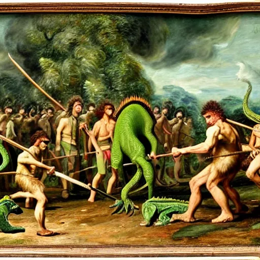 Prompt: A green scaly dinosaur!!! fighting with several realistic detailed cavemen with proportioned bodies armed with spears, the cavemen are wearing animal furs, coarse canvas, visible brushstrokes, intricate, extremely detailed painting by John Constable