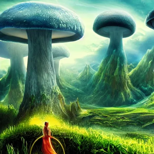 Prompt: Valley of the Mushroom Gods; Art Direction by James Cameron; epic dream state; grand; severe, awe-inspiring landscapes