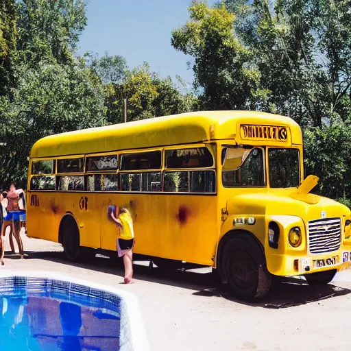 Prompt: A yellow bus with a pool and barbecue filled with people having a party going on a trip, chaotic, mess, crazy, photograph