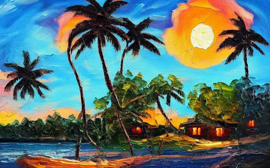 Prompt: a very very small island! with a paved patio, cute cozy large cottage!! with chairs and string lights!!!, palm trees, dark very late evening cloudy sunset, dramatic and dynamic lighting, thick brush strokes oil impasto painting