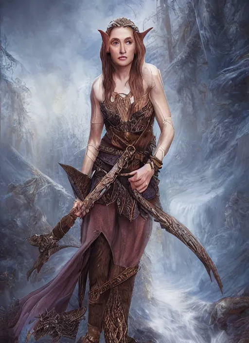 Image similar to a relaxed half elf middle aged druid in a sleeveless west, strong, full body, 8 k, hyperrealistic,, hyperdetailed, fantasy portrait by laura sava