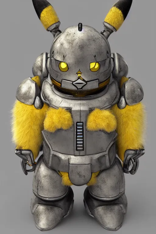 Image similar to portrait of fluffy! pikachu in starcraft glossy terran marine power armor, concept art by wayne reynolds, high quality 3 d render hyperrealist very cute muted color highly detailed, intricate, substance material, vray smooth, soft indoor light, low angle, uhd 8 k, sharp focus, cgsociety