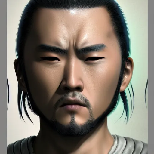 Image similar to hyper realistic concept art character of a handsome characteristic samurai fighter with an intense stare