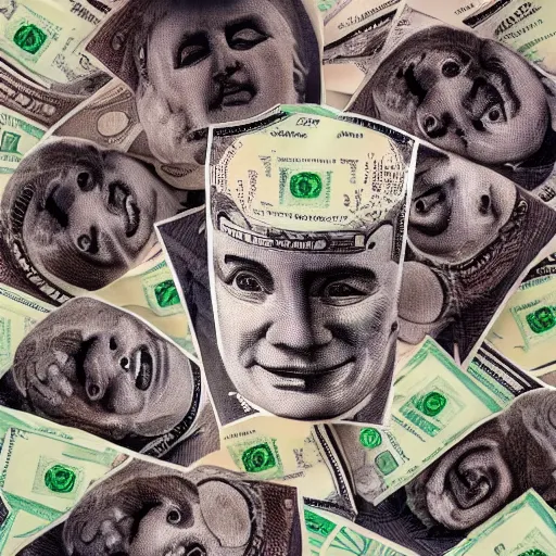 Prompt: huge pile of money with faces smiling, weird art, 4 k