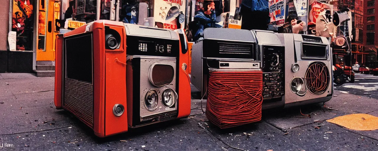 Prompt: a boombox on a nyc street blasting spaghetti out of its speakers, 1 9 8 0's, high detail, canon 5 0 mm, cinematic lighting, photography, retro, film, kodachrome