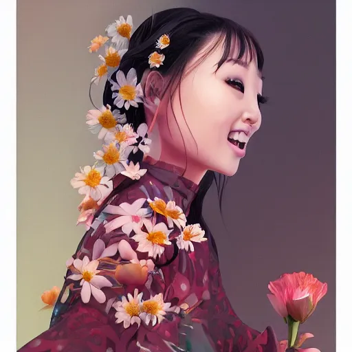Image similar to portrait of hong jin - young, 홍진영, smiling with flowers in hands. sharp focus, cinematic pose, cinematic lighting, unreal engine render. art by josan gonzales and moebius and deathburger.