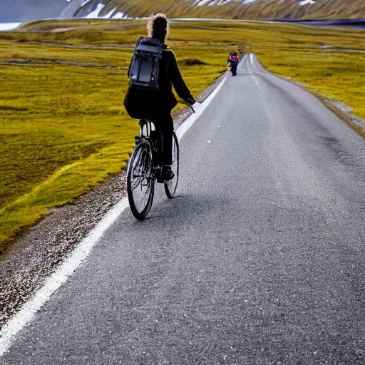 Image similar to A woman in warm clothes traveling by bicycle on the roads of Iceland. The bicycle has saddlebags.