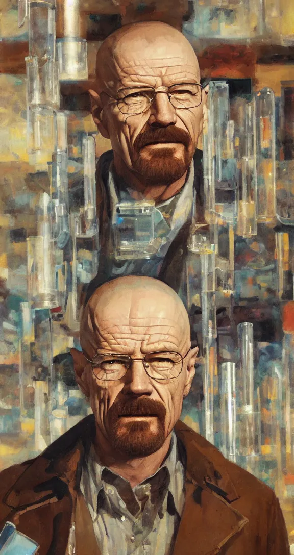 Image similar to a highly detailed beautiful portrait of walter white surrounded by test tubes, by gregory manchess, james gurney, james jean